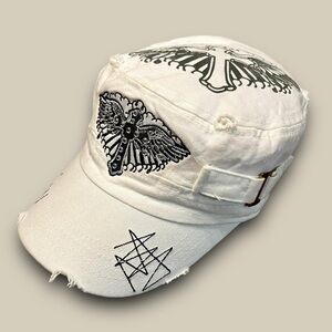 Y2K White Rhinestone Cross Cadet Cap Pitbull Mcbling Cybergrunge